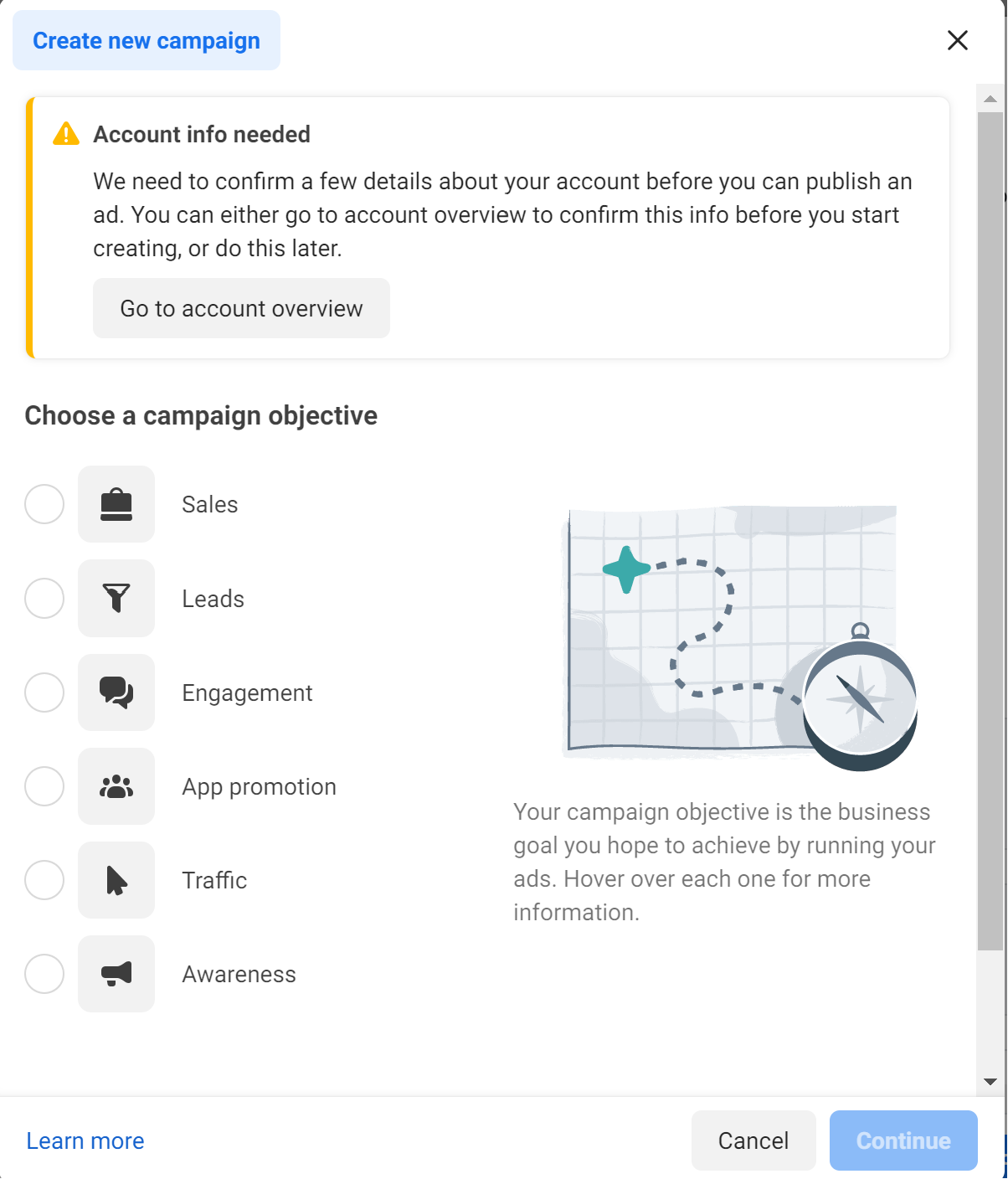 A screen to choose the desired Facebook campaign structure objective