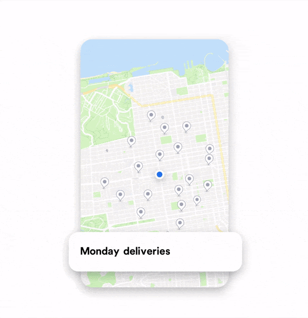 GIF showing route planning tool in action for Monday deliveries to many locations