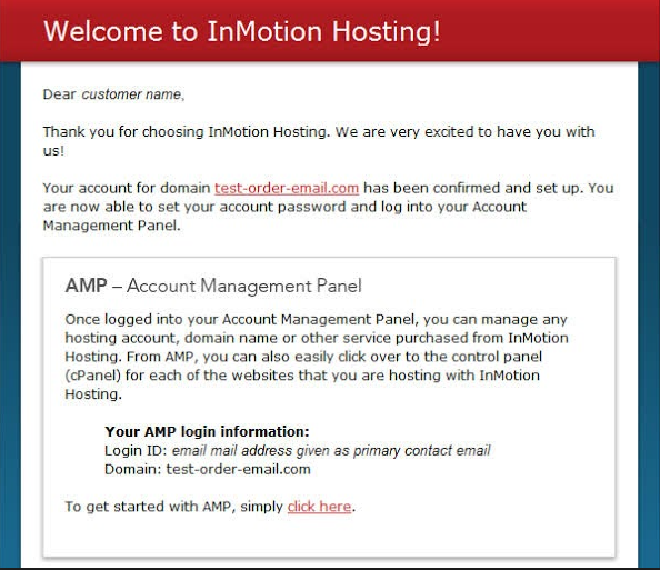 InMotion Hosting welcome email with instructions