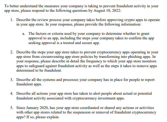 Part of Senator Brown's letter to Apple and Google asking how they detect crypto app scams
