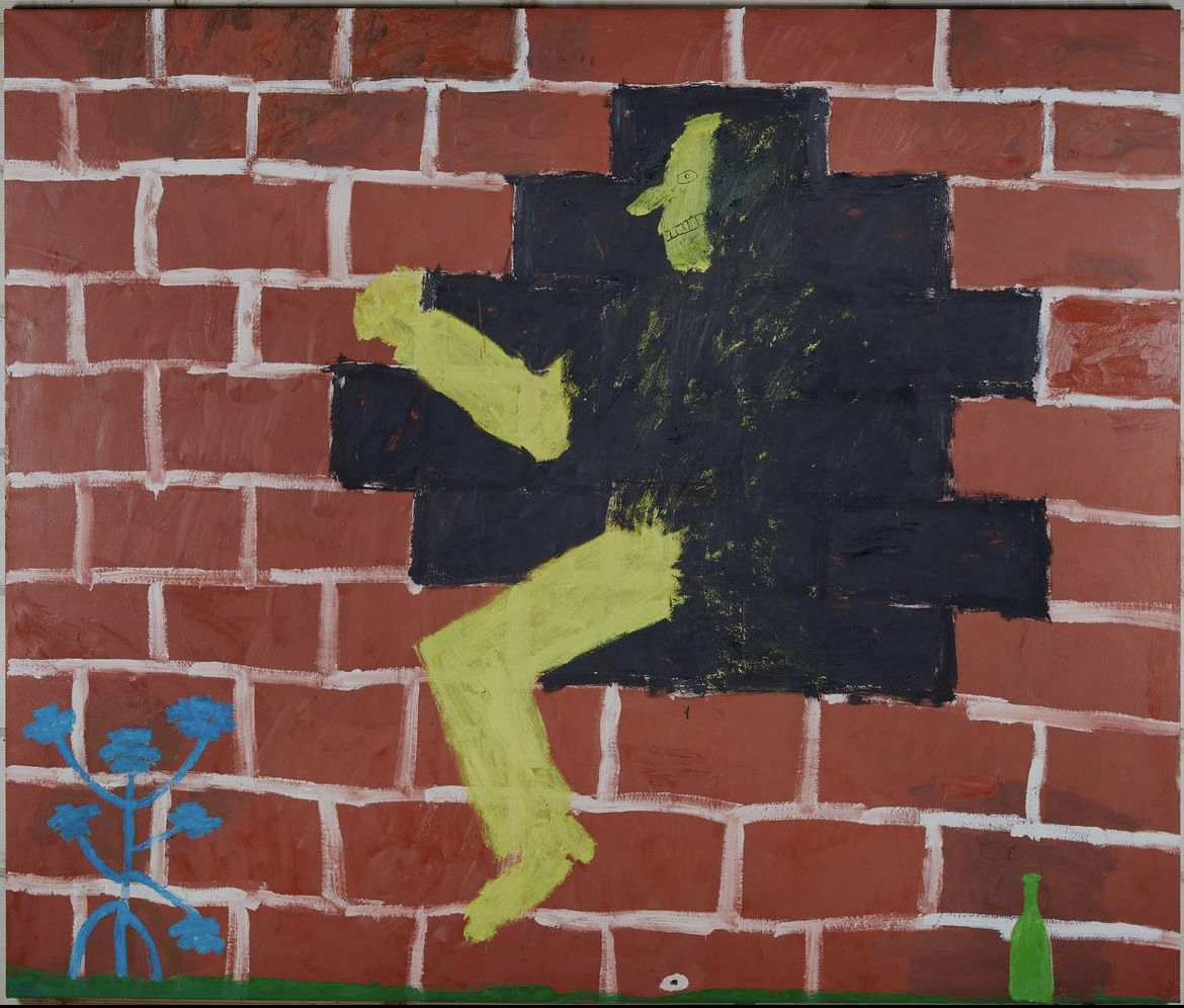An oil painting of a grinning green man stepping out of a red brick wall.