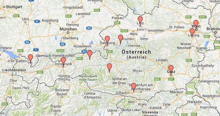 Mapa kasyn naziemnych w Austrii