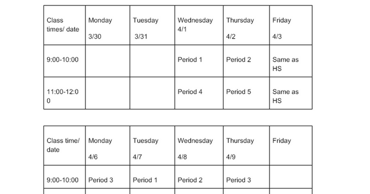 Eagle Academy modified virtual learning schedule 3-30 to 4-9