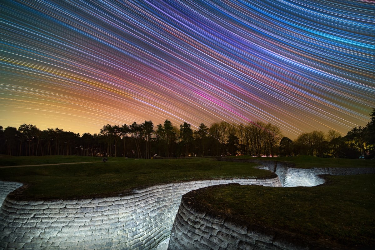 Star trails above the preserved First World War trenches in Canadian National Vimy Memorial Park