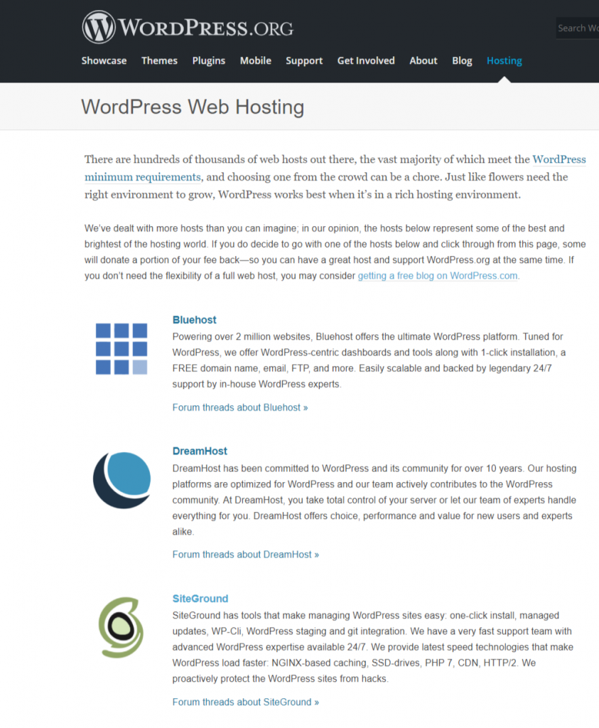 wordpress.org recommended hosting providers