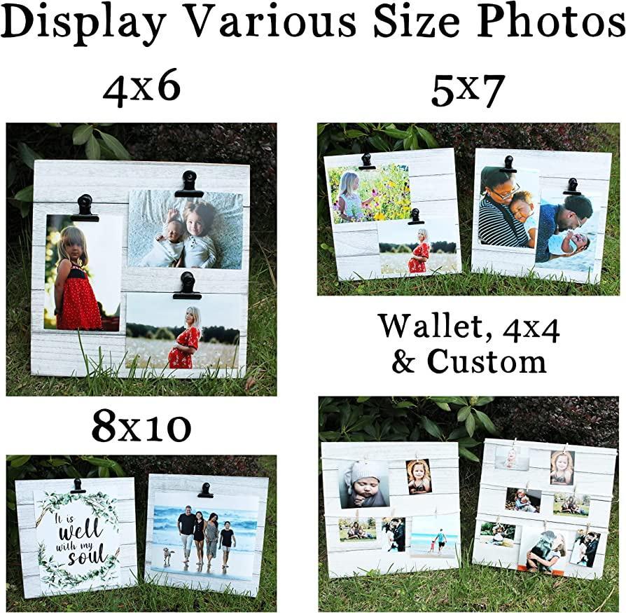Collage Picture Board Set. DIY Photo Display with Clips. Rustic White Wood Picture Holder (4x6 or 5x7) for Desk or Hanging Wall Decor. Instax or Polaroid Picture Frame (Can Use Clothespins)