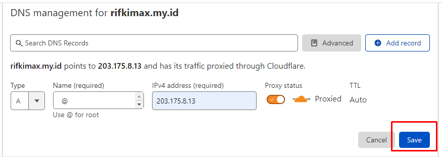 contoh membuat a record di cloudflare