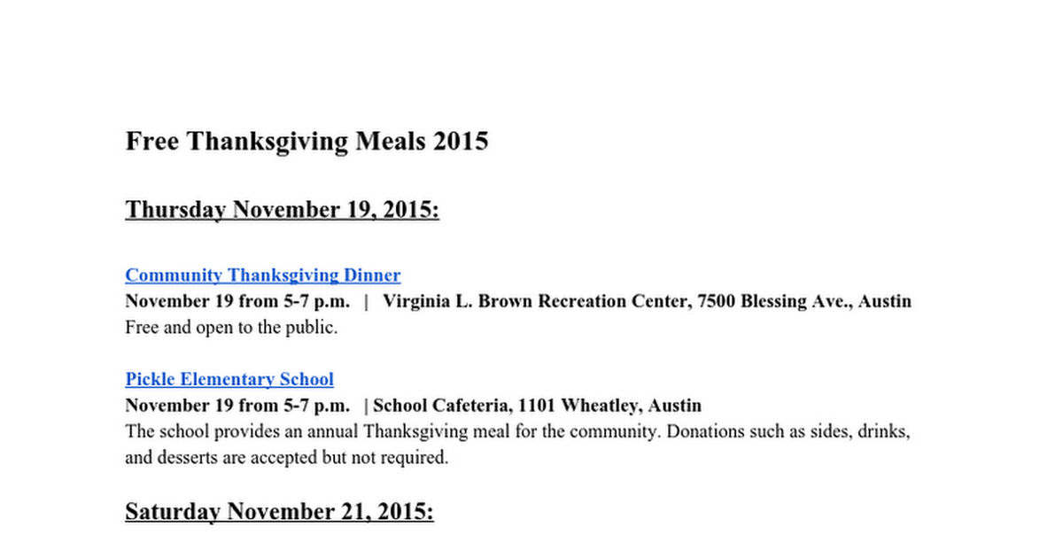 Free Thanksgiving Meals 2015