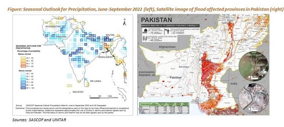 Figure: Seasonal Outlook for Precipitation, June-September 2022 (left), Satellite image of flood affected provinces in Pakistan (right)