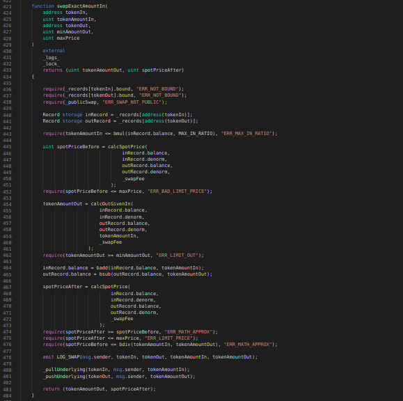 Balancer Codeblock: swapExactAmountIn function