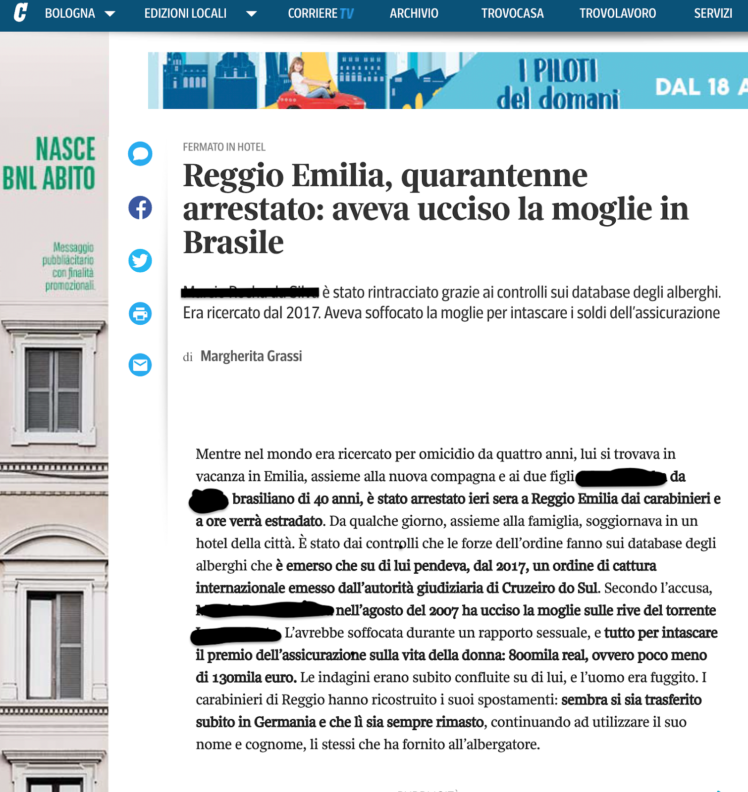 Page of the newspaper 'Il Corriere di Bologna' with the article in question.