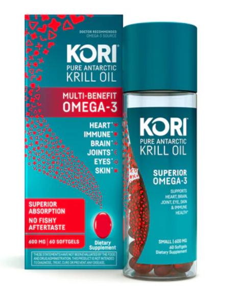 A bottle of Kori Krill oil with the box packaging 