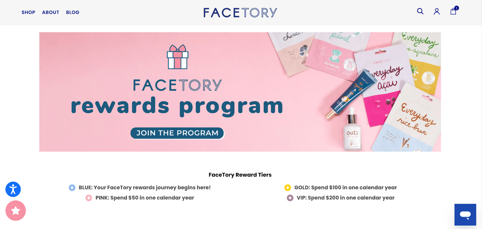 Loyalty Programs in the Beauty Industry–A screenshot of Facetory Rewards’ loyalty program explainer page. There is a pink background with several skincare products laying on it. The test next to it is in navy blue bubble letters and says, “Facetory rewards program. Join the program.”