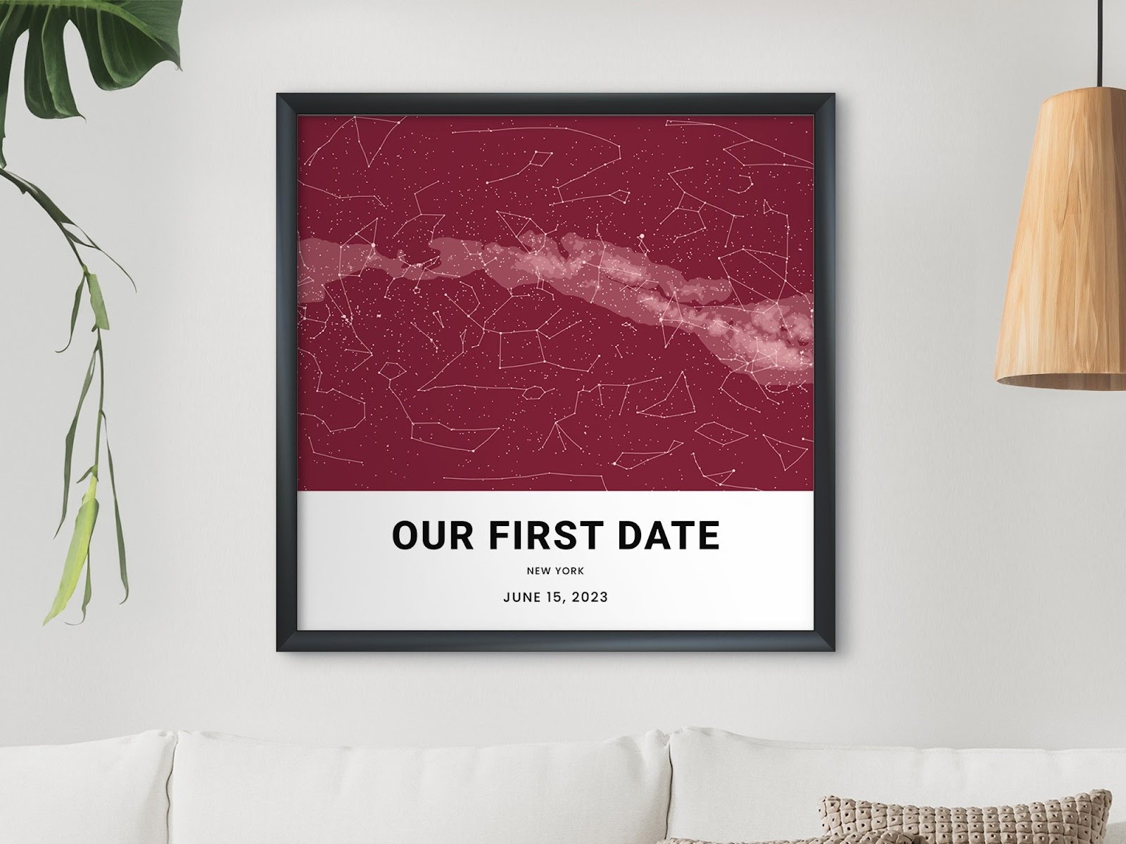 A maroon constellation in a photo frame. It says Our First Date, New York. A beautiful from from MixPlaces.