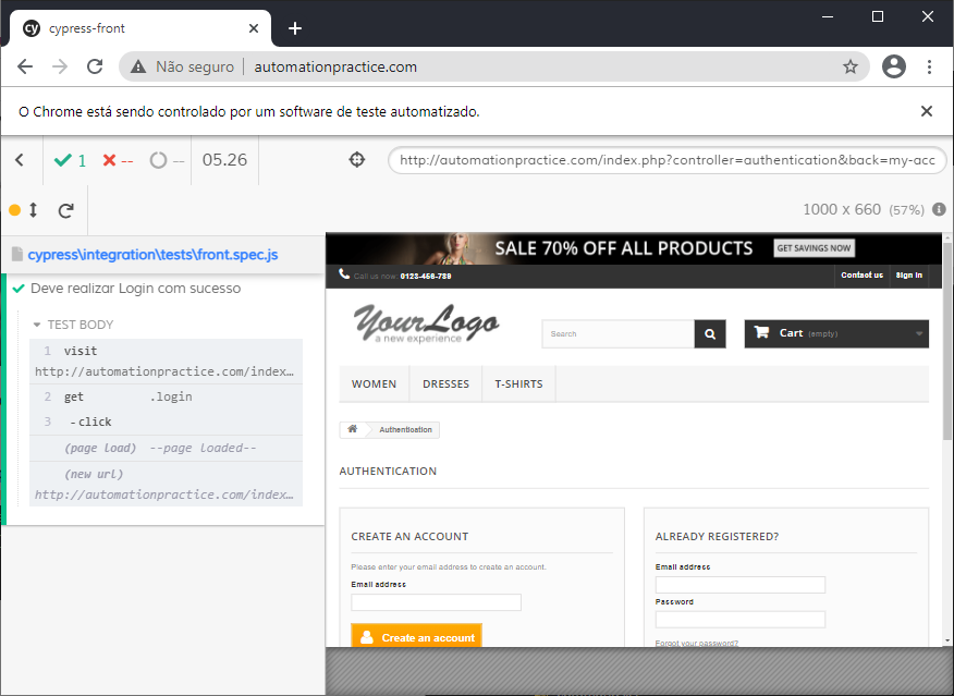 Print da tela do site usado para praticar automações no front-end onde podemos ver os resultados dos comandos executados.