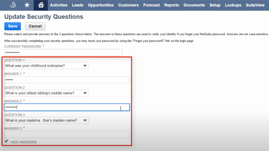 Example of someone updating their security questions in NetSuite. 