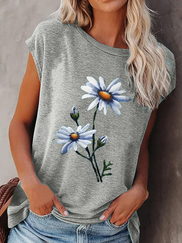 Loose-Round-Neck-Floral-Print-Short-Sleeved-T-Shirt