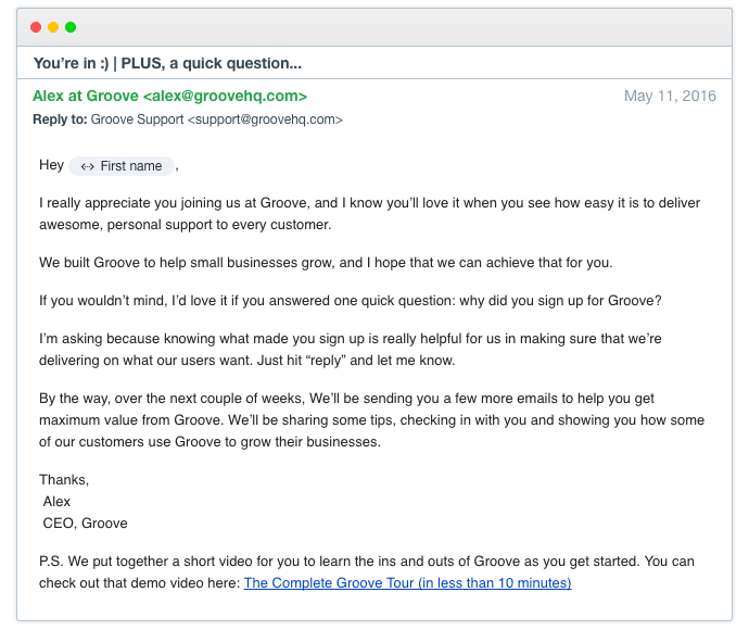 lead nurturing email example from groove