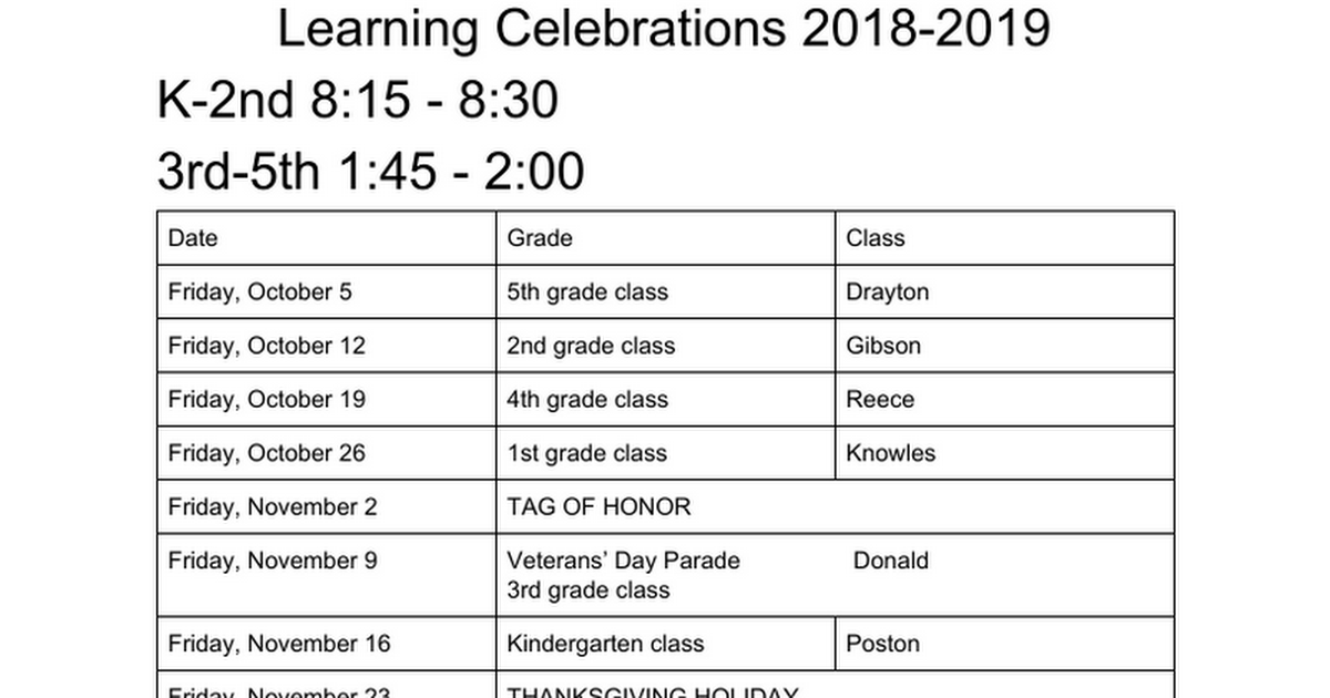2018-2019 Learning Celebration Schedule