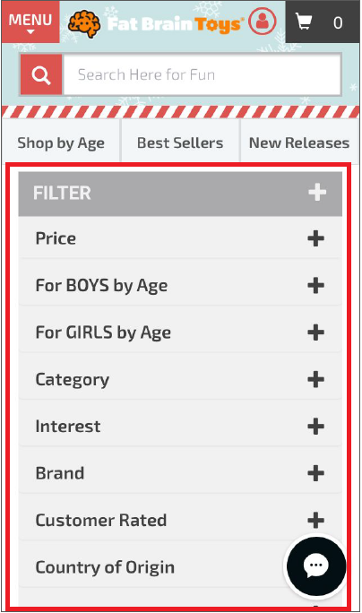 Fat Brain Toys offers users a ton of filtering options, so they use fullscreen on-screen filtering to help users focus on narrowing down their search