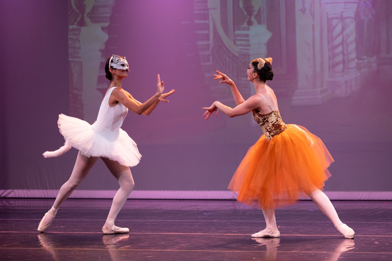 Two female ballet dancers make pawing gestures at each other: the one on the left is in a white tutu and wears a silver cat mask, while the one on the right wears an orange skirt and cat ears.
