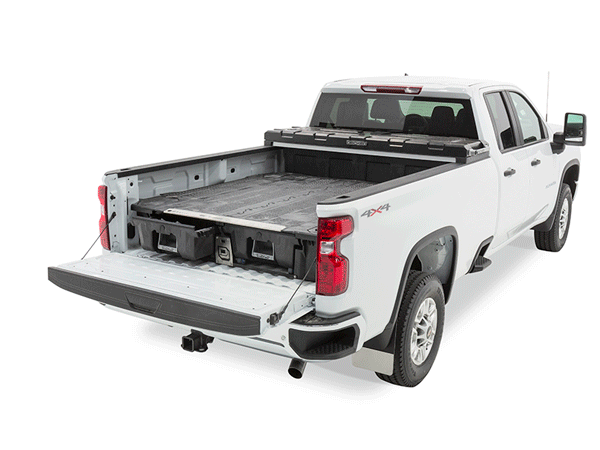 Animated GIF demonstrating DECKED Tool Box and DECKED drawer system, truck bed tool box with ladder and drawers