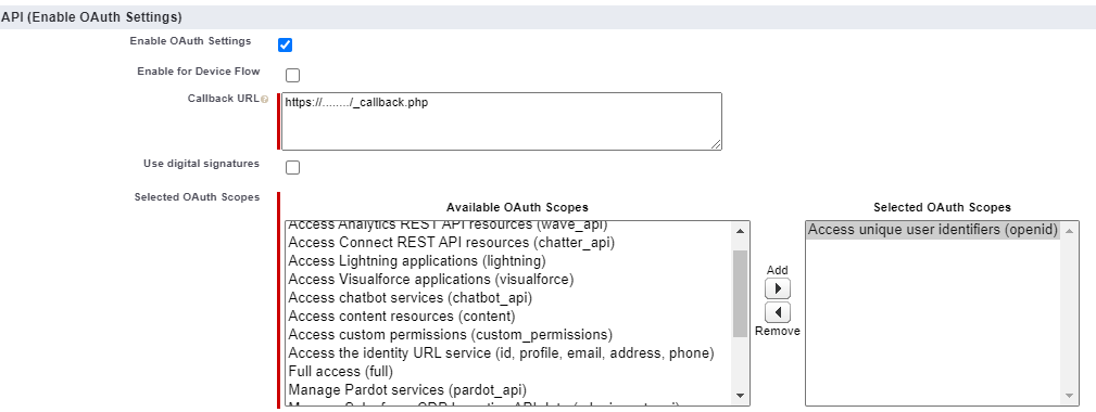 OAuth settings in a Connected App