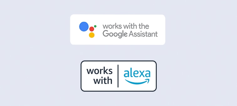 Логотипы «Поддержка Google Assistant» и «Совместимость с Amazon Alexa»
