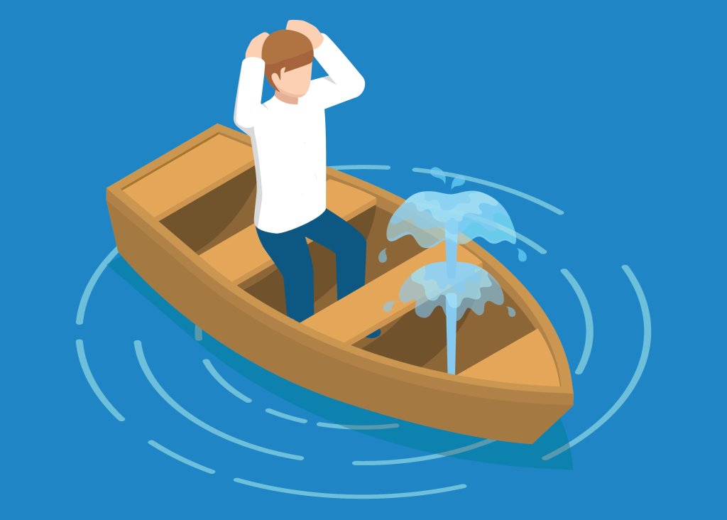 A cartoon of a man sitting in a leaking boat