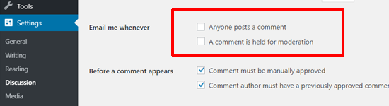 Desativar e-mails de notificação de comentários no WordPress