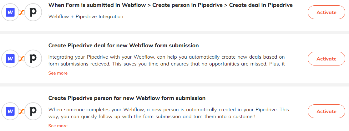 Popular automations for Webflow & Pipedrive integration.