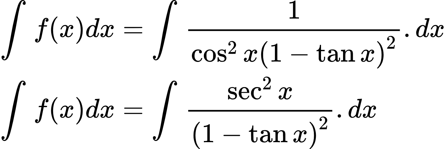 {"code":"\\begin{align*}\n{\\int_{}^{}f\\left(x\\right)dx}&={\\int_{}^{}\\frac{1}{\\cos ^{2}x\\left(1-\\tan x\\right)^{2}}.dx}\\\\\n{\\int_{}^{}f\\left(x\\right)dx}&={\\int_{}^{}\\frac{ \\sec^{2}x}{\\left(1-\\tan x\\right)^{2}}.dx}\t\n\\end{align*}","id":"2-0-1-1-1-1-1-1-1-1-1-1-2-1-1-1-1-1-1-1-1-1-1-1-1-0","font":{"color":"#000000","size":10,"family":"Arial"},"type":"align*","ts":1600170155403,"cs":"UGG6JxOfSqCcqnfpSEI84w==","size":{"width":258,"height":86}}