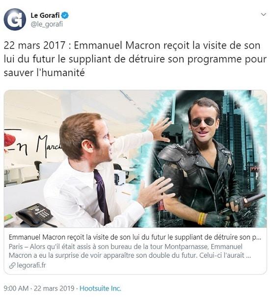 Le Gorafi Macron ressoit la visite de son double du futur