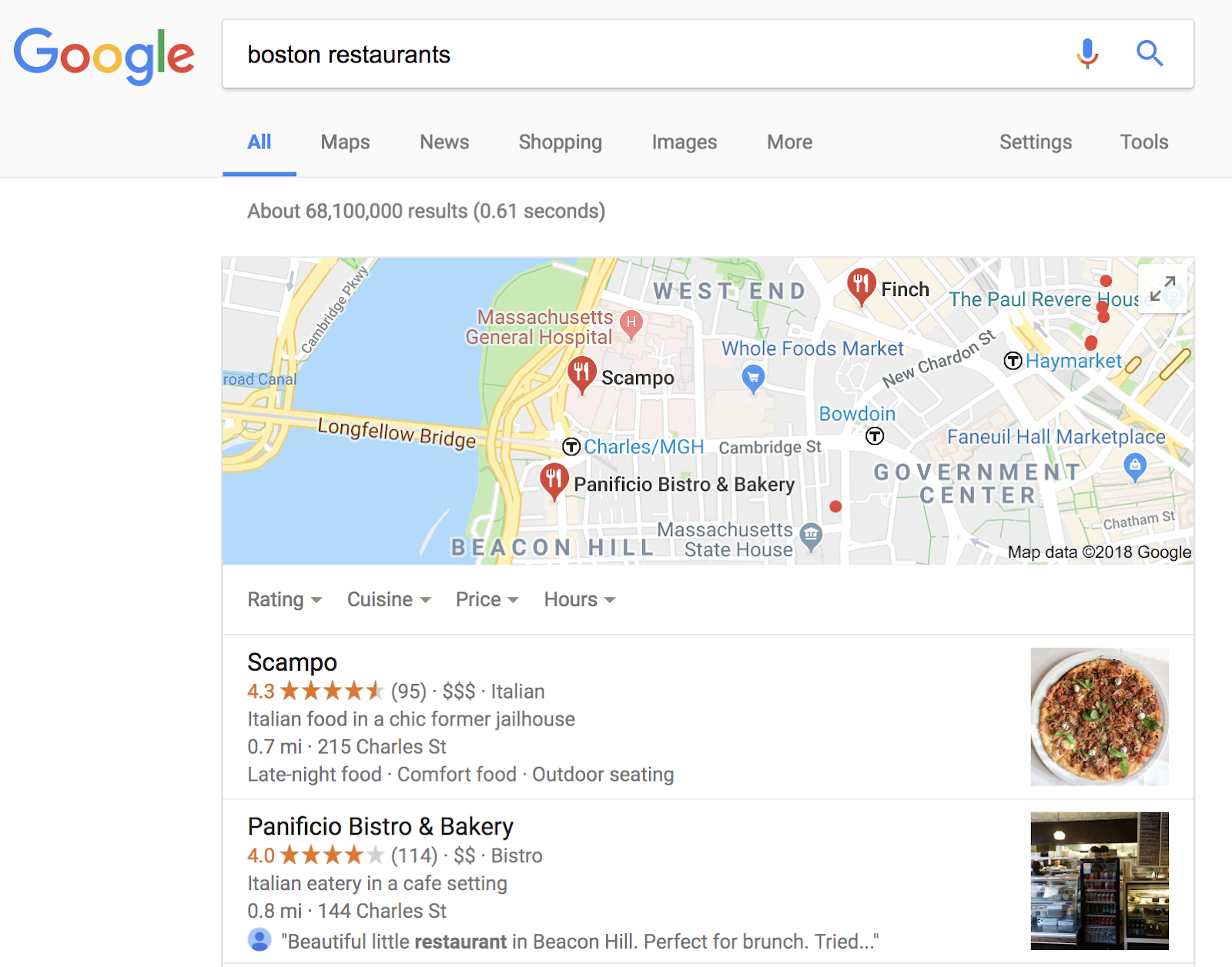 Google Maps results with location search for Boston restaurants