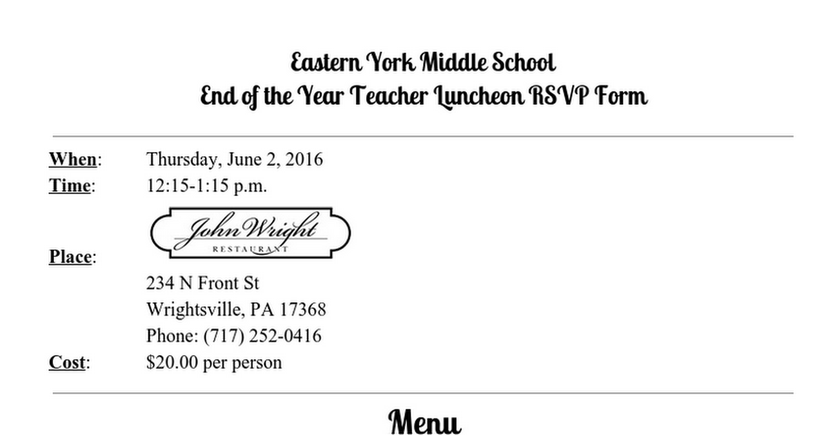 Eastern York Middle School End of the Year Teacher Luncheon RSVP Form