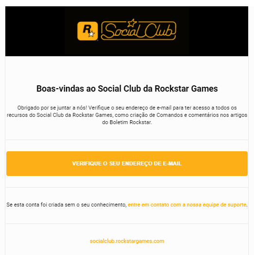 Exemplo de email de boas-vindas do Rockstar Games Social Club 