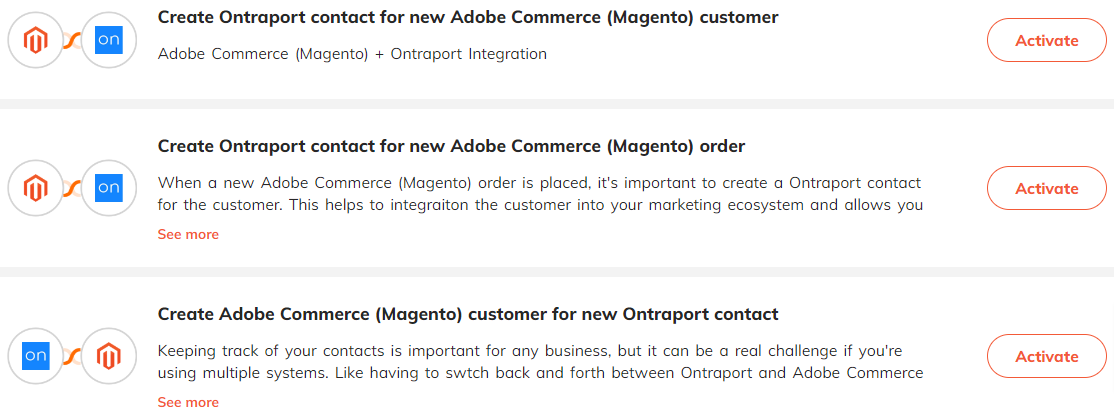 Popular automations for Adobe Commerce (Magento) & Ontraport integration.