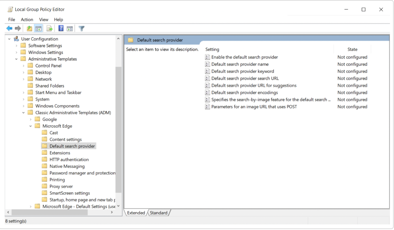 Image showing how to reach the default search provider folder within the group policy editor for Edge