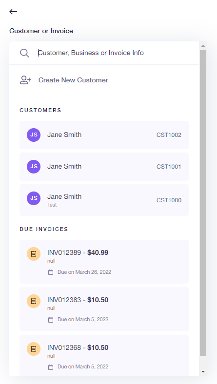 customer or invoice selection