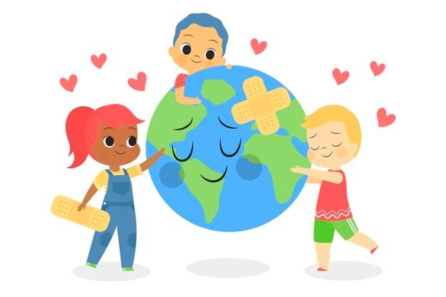 Salve o conceito de planeta com crianças cuidando da terra Vetor grátis