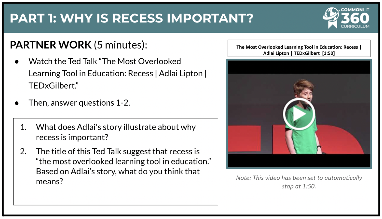 A slide from a Related Media exploration that says "Part 1: Why Is Recess Important?"