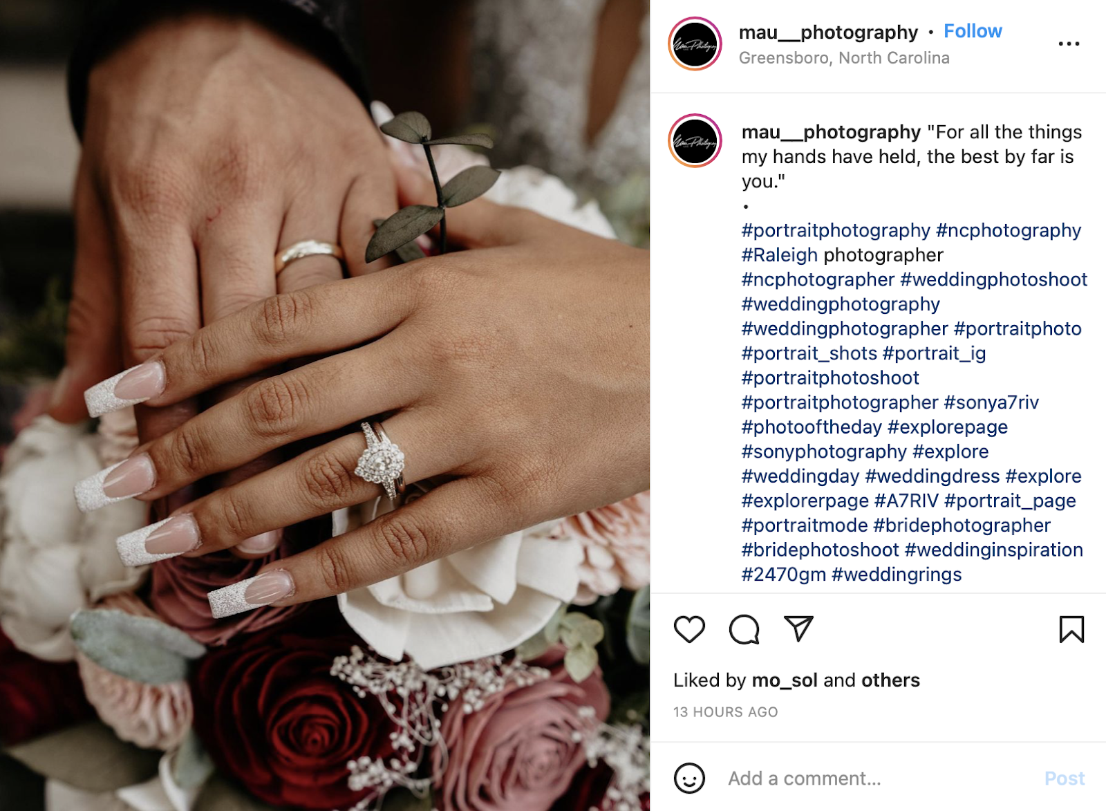 Instagram photo of wedding ring bands on hands