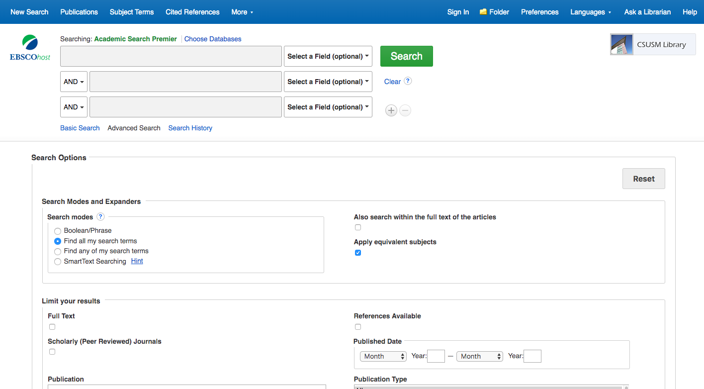 A screenshot of the Advanced Search Page in Academic Search Premier.