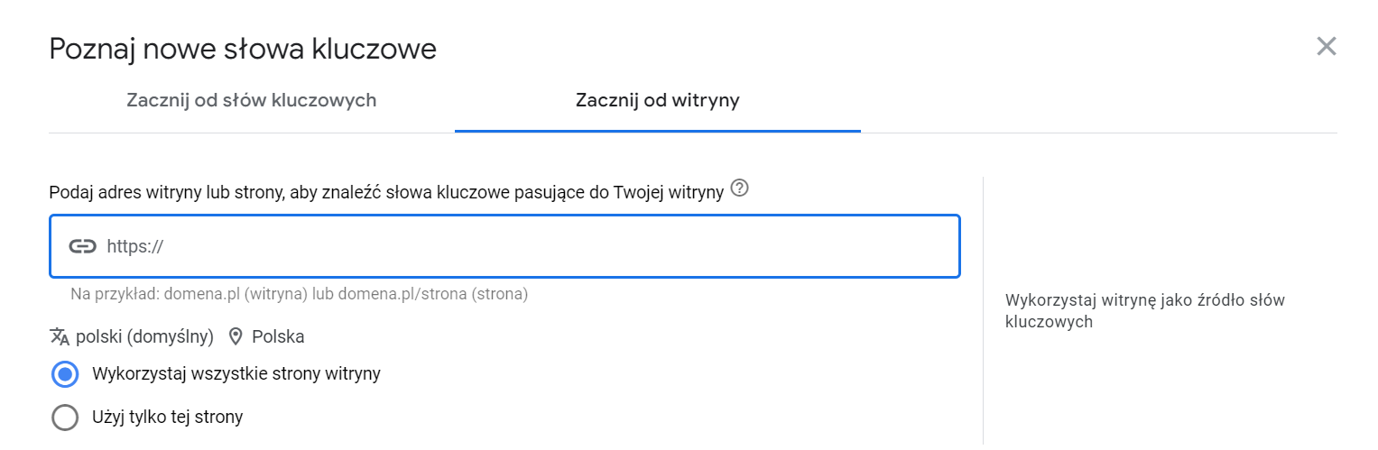 Google keyword planner, Planer słów kluczowych, Google Ads, Zacznij od witryny