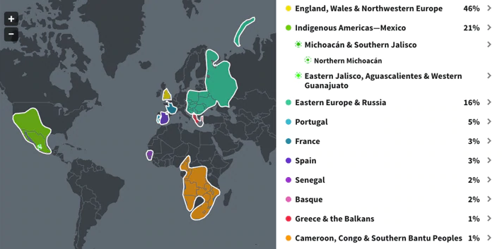 Lista de possíveis antepassados com um mapa indicando a sua localização a partir de Ancestry
