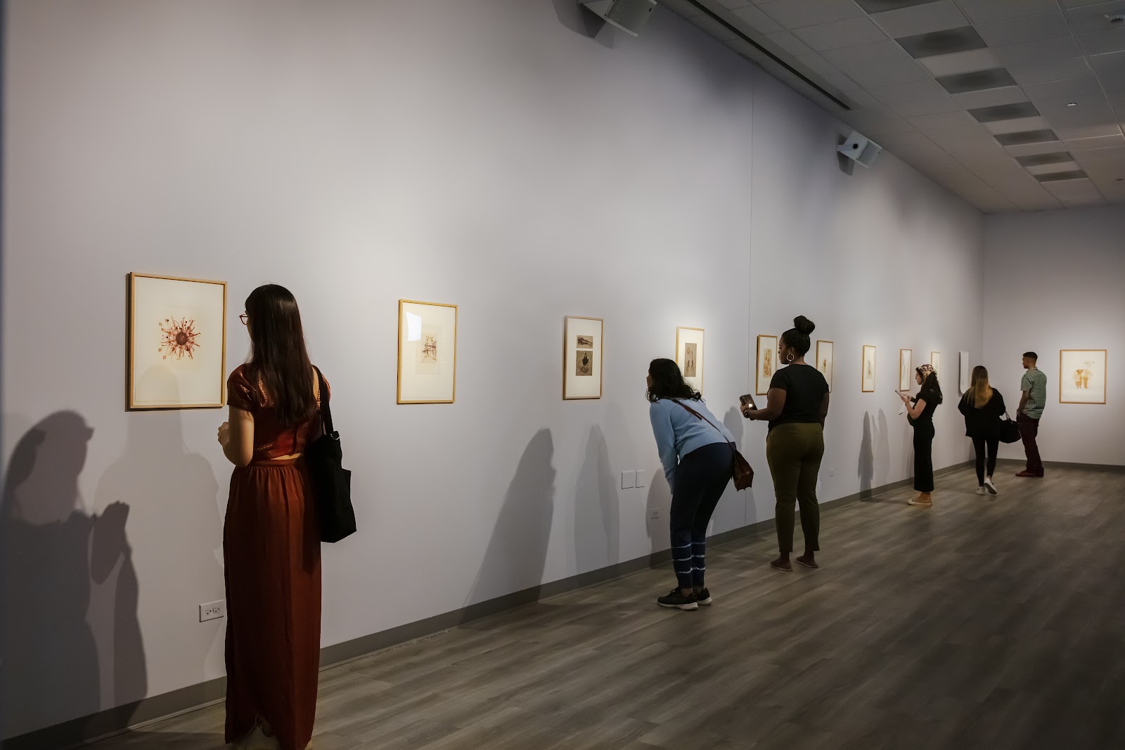 Image: Guests look at a print collection by Shahzia Sikhander in Testimonies on Paper. The prints are hanging next to each other with a few feet’s distance between them. Courtesy: South Asia Institute.