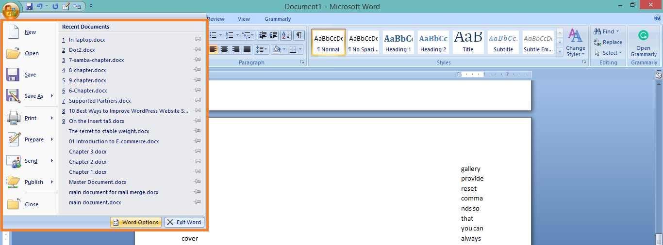 Word Options button on File Menu