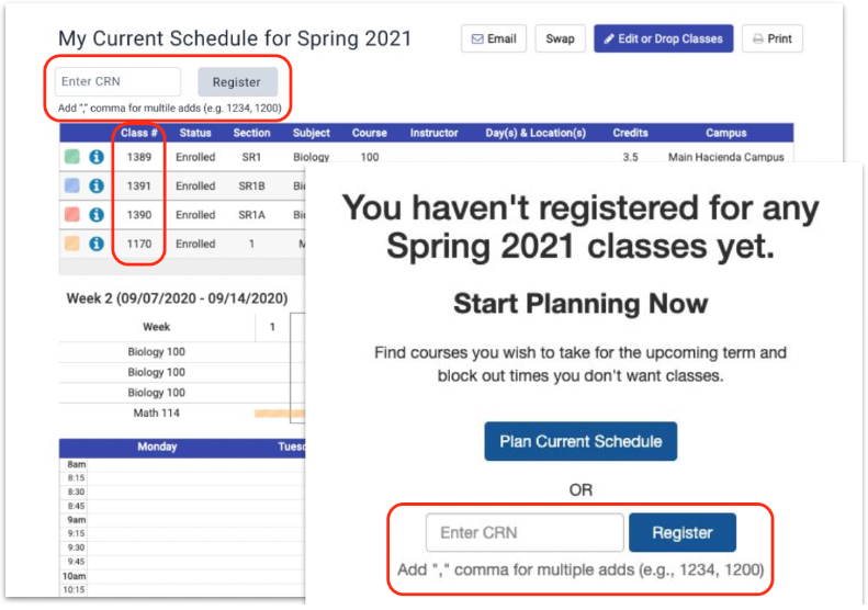 Use the Register by CRN field to enter one or multiple CRN codes.