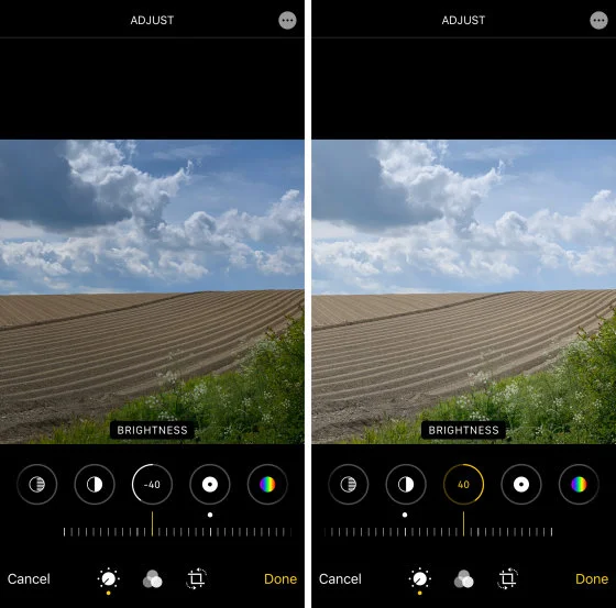 Twee schermafbeeldingen van een grasveld die laten zien hoe je de helderheid van het beeld aanpast. 