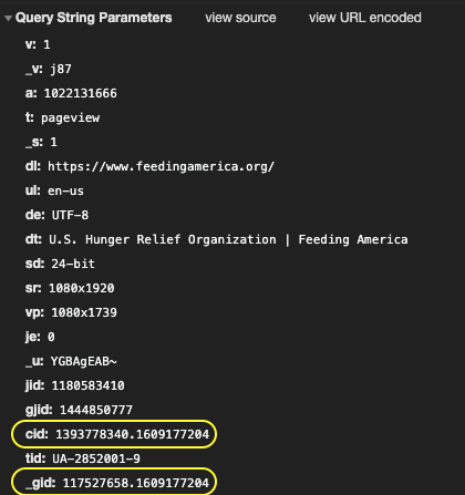 Screenshot of a HTTP request to Google Analytics, illustrating multiple user specific query string parameters